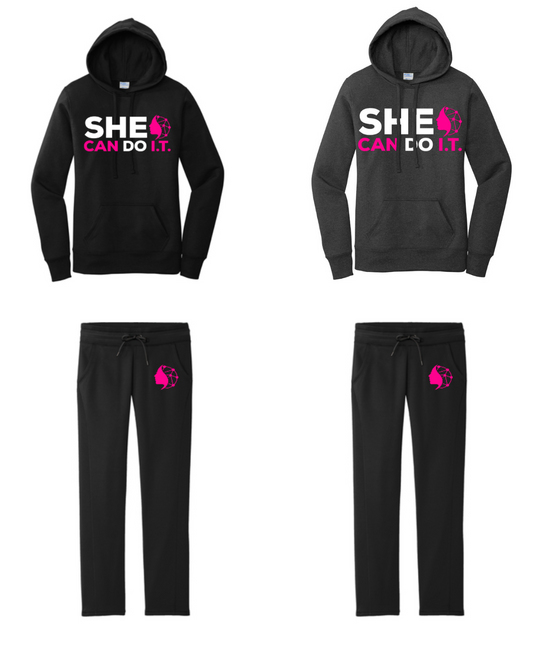 SHE CAN DO I.T. Pullover Hoodie Set - Black or Heather Grey